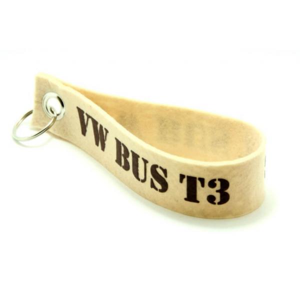 Schlüsselanhänger aus Polyesterfilz in der Farbe Muschel mit Aufdruck VW Bus T3